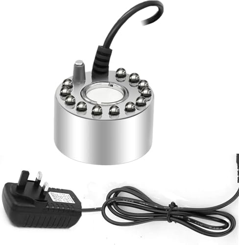 Aobiforu Mist Maker, 12 LED Indoor Fountain Mister Foggers, Small Pond Fog Machine Atomizer Air Humidifier Perfect for Water Fountain Pond, Halloween, Christmas Decor (Silver)