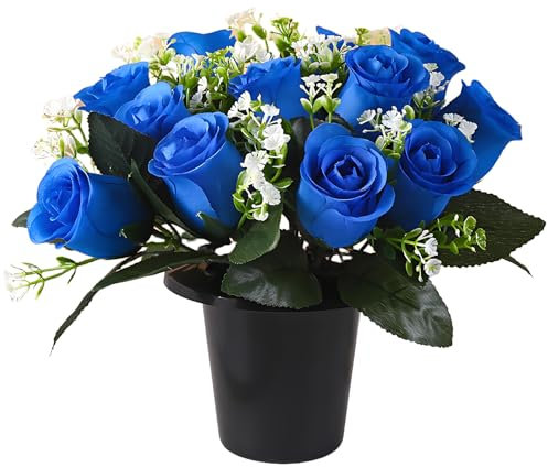 FYKZQWDS Artificial Flowers for Graves, Silk Flowers for Graves, Grave Flowers Artificial in Pot Suitable for Cemetery Decoration Christmas Tribute and Commemoration (blue)