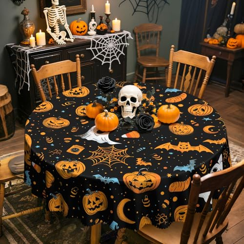 iEvery Halloween Tischdecke Rund 150 Abwaschbar, Halloween Kürbis Fledermaus Geist Deko Outdoor, Gartentischdecke Wetterfest Polyester Outdoor Table Cloth für Garten Küche Party