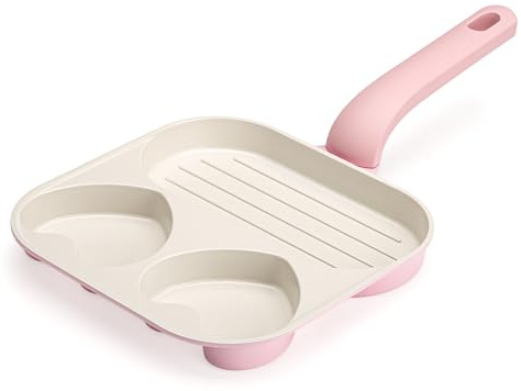 Paris Hilton Ceramic Nonstick Divided Skillet with Heart-Shaped Sections and Grill Plate, Cast Aluminum, Dishwasher Safe, 8-Inch, Pink
