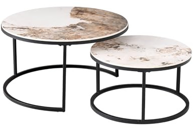 HJhomeheart 2er-Set Marmor-Couchtische mit Pandora-Marmorplatte und Schwarzem Metallgestell, Moderner Runder Beistelltisch fürs Wohnzimmer – 80 x 80 x 45 cm