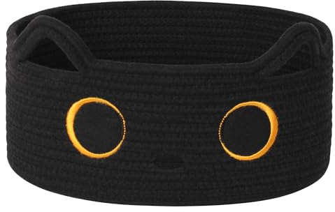 WILLITAT Black Cat Toy Basket, Small Woven Cat Toy Storage Box with Cute Ears Handle Indoor, Cotton Rope Storage Bin with Embroidered Face for Halloween Decor, Pet Bed, Nursery Kids Room Organization