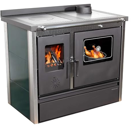 Kaminofen mit Backfach und Herdplatte 4050 Lotus Inox Grün Holzofen 11 kW Holz Ofen Mehrfachbelegung Kamin Heizofen Küchenherd