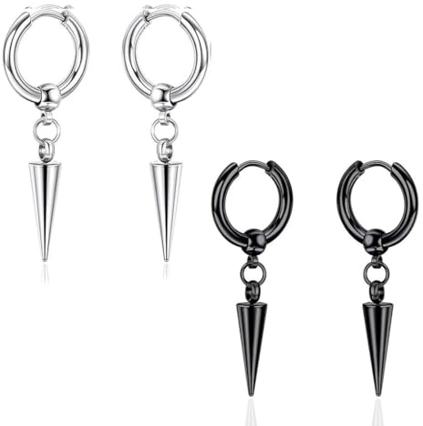 JYNXOR Juego de 2 pares de pendientes de acero inoxidable para hombre, pendientes de aro, piercing gótico, cartílago para hombres y mujeres (negro y plateado)
