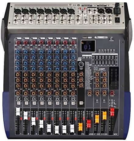 Table de mixage professionnelle 8 canaux pour l'enregistrement de musique DJ, karaoké, clé USB, entrée d'enregistrement d'ordinateur, contrôleur DJ avec prise microphone XLR, alimentation fantôme 48 V