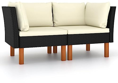 HaoChrymec Ecksofas 2 STK. aus Poly Rattan und Eukalyptus Massivholz, Modularer Aufbau, Outdoor Sofa für Terrasse & Garten, Gartenmöbel Set, Lounge Möbel Outdoor, Schwarz, 64.5 x 64.5 x 67 cm