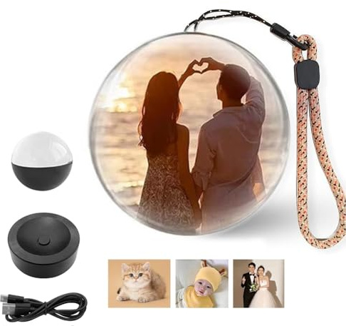 Générique Album Photo Numérique à Ultrasons 3D avec Boule de Cristal, Lampe à Mémoire de Forme, Affichage Vidéo Numérique, Boule de Cristal à Ultrasons de 7cm pour Couples, Animaux Domestiques,Noir