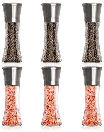 GREENSAPPIRE Gewürzmühle 6er Set – Manuelle Salz- & Pfeffermühle aus Edelstahl mit Keramikmahlwerk, Einstellbarem Mahlgrad & Abdeckung, Transparentes Design für Pfeffer (Edelstahldeckel 200ML)