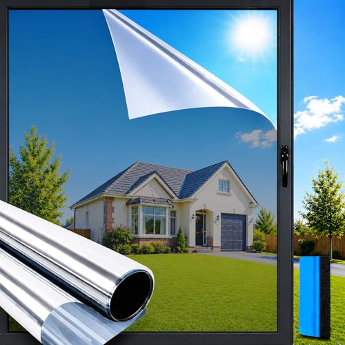 Aurathon Fensterfolie Sonnenschutz Spiegelfolie Fenster Sichtschutz mit Montagematerial 105x200cm UV-Schutz Hitzeschutz Selbsthaftend von Innen Durchsichtig von Aussen Blickdicht Silber