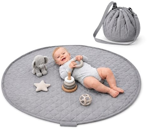 ZURMATRADE Krabbeldecke rund 110cm – Extra Weich, Dick Gepolstert, Waschbar, Schadstofffrei, Spieldecke Baby für unterwegs, Zusammenziehbar,mit abnehmbaren Tragegriff, Spielmatte Baby grau, to go