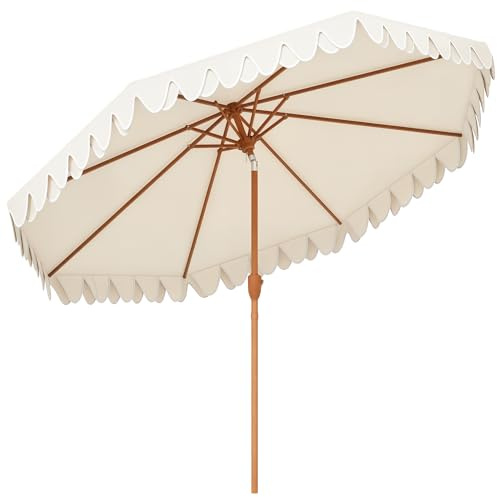 Outsunny Sombrilla Terraza Exterior, Ø264x240 cm, Sombrilla de Jardín con Ángulo Ajustable, Manivela y Volantes, Impermeable, Parasol para Playa, Patio, Balcón, Crema