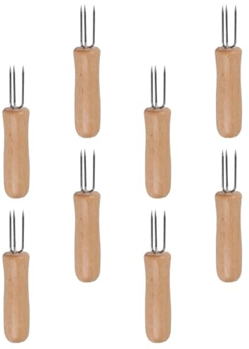 MINAOLULUS Brochetas de Barbacoa Acero Inoxidable 8 Piezas Mango de Madera y 3 Puntas para Maíz, Carne, Frutas y Verduras, Soporte Portátil para Cocina al Aire Libre y Parrilla