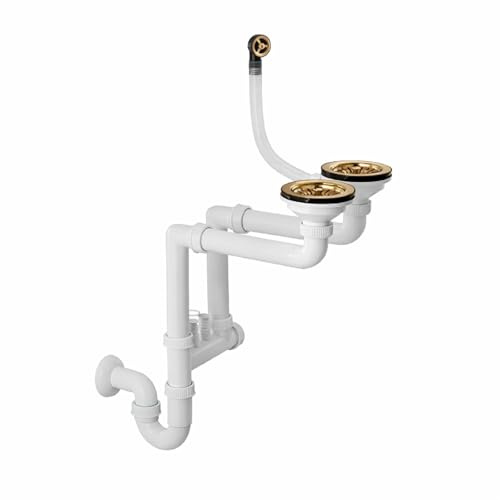 QLS Siphon manuel 3 1/2 pour double bac en acier inoxydable PVC peu encombrant avec raccord pour lave-vaisselle ou machine à laver (doré)