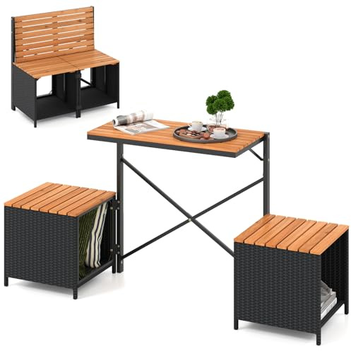 COSTWAY 2 in 1 Gartenbank, wandelbarer Picknicktisch & Sitzbank (Schwarz) | Balkonset, Balkonmöbel Kleiner Balkon, Sitzgruppe, Sitzgarnitur für Garten, Terrasse