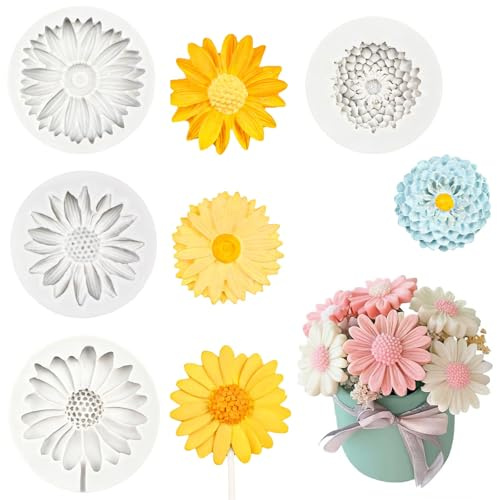 RIIRCSGE 4 piezas moldes de silicona para velas, diseño de margaritas en 3D, con forma de margaritas de silicona, moldes de flores girasol margarita, para hacer velas y jabón, hacer chocolates dulces