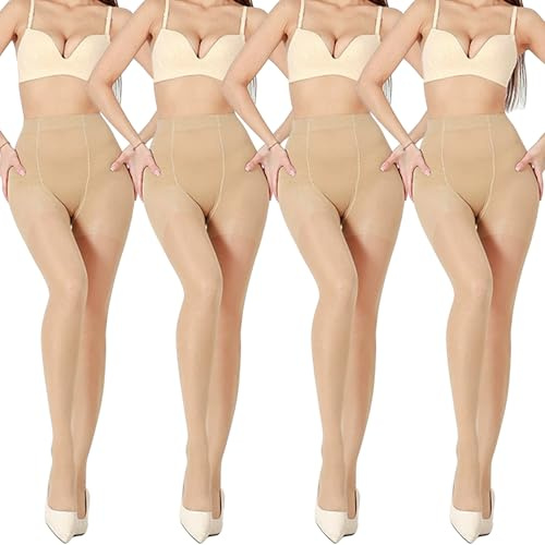 Risipu 4 Pairs Women 40D Compression Tights Soft Elastic High Waist Pantyhose Support Tights (One Size, 4 Skin)