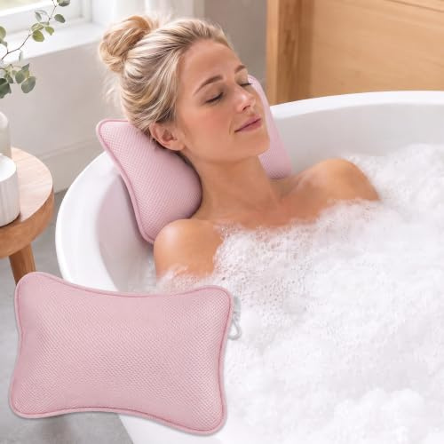 OVIANOR Badewannenkissen mit Saugnapf, Schnelltrocknend Badekissen (Rosa) | Ergonomische Badewannenkissen Nacken aus 3D Air Mesh, Große Saugnäpfe für Festen Halt, für Badewanne, Whirlpool & Home Spa