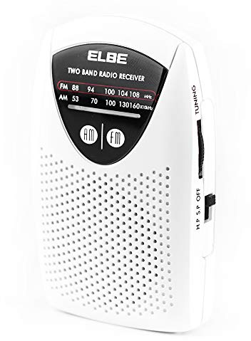 ELBE RF-50 Miniradio de bolsillo sintonizador analógico am/FM, auriculares incluidos, súper Slim, altavoz incorporado, funciona con pilas, color blanco