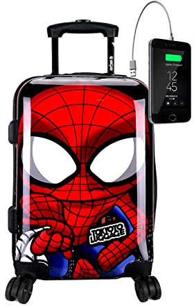 Kinderkoffer Handgepäck 55x35x20 USB Spider Boy Superhelden Avengers Jungen | Für Fans von Superhelden, Avengers und Comics; Kinderkoffer mit USB-Anschluss, 4 Doppelrollen und robustem Polycarbonat