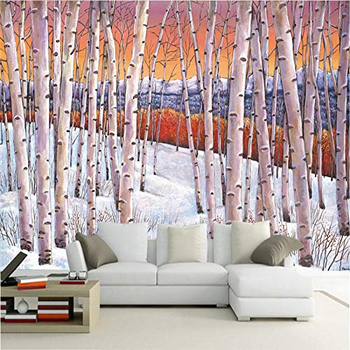 Papier Peint Panoramique 3D Tapisserie Intissé Murales poster geant photo Décoration Murale Effet Trompe Loeil 150x105cm arbres bouleau forêt peinture à l'huile