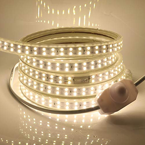 XUNATA Dimmbare Doppelreihe LED Strip Streifen, 220V 2835 SMD 180leds/m IP65 Wasserdicht, Flexibel LED Lichtband Seil Licht Schlauch für Hausbeleuchtung Dekor Bar (Warmweiß, 5M)