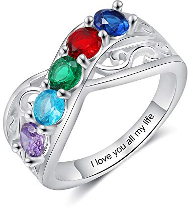 ALBERTBAND Bagues pour Femmes Bague Personnalisée avec 2-5 Pierres de Naissance Simulées Bagues de Fiançailles en Argent Gravure Dames Mère Grand-mère Cadeau pour la Fête des Mères (5 pierres, 54)