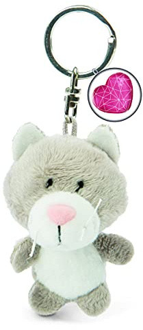 NICI Schlüsselanhänger Katze 7cm mit Anhänger Herz Symbol – Glücksbringer Katzen-Anhänger für Schlüsselband, Schlüsselbund & Schlüsselkette, Grau/Weiß