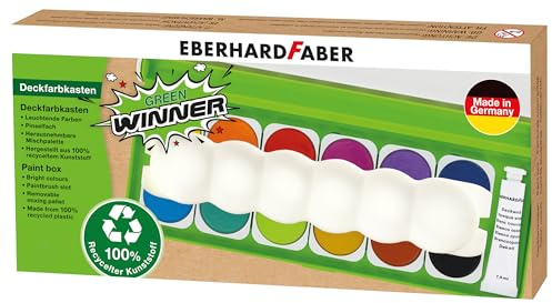 Eberhard Faber 578313 Green Winner färglåda med 12 färger i utbytbara färgkoppar, täckvitt och penselfack, lock kan användas som blandpalett, för skola, fritid och hobby, flerfärgad