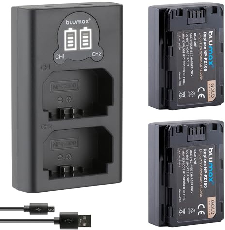 Blumax 2X Akku ersetzt Sony NP-FZ100-2250mAh + Mini Dual-Ladegerät - für Sony Alpha Sony FX30-7 IV 7c 7RIV 7RV 7RIII ZV-E1
