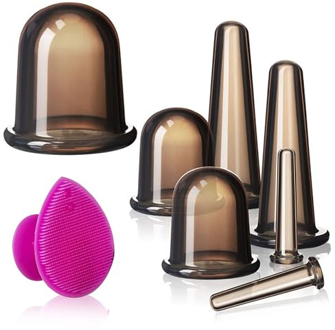 Silikon Schröpfen, Gesichts- und Augen-Schröpf-Massage-Set, Gesichts-Schröpf-Set Silikon-Schröpfköpfe mit Haut-Peeling-Bürste für Gesicht und Hals (Small Medium Large, Black)