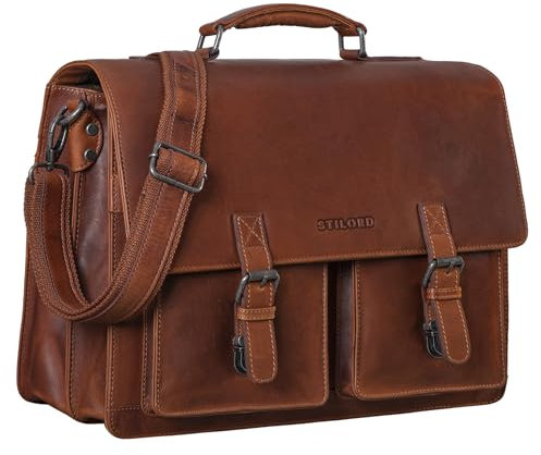 STILORD 'Clarence' Leder Businesstasche Männer Vintage Aktentasche Große Umhängetasche für 15.6 Zoll Laptop und Breite DIN A4 Ordner Trolley Aufsteckbar, Farbe:porto - cognac