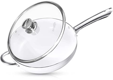 INTIGNIS Sartén Premium Recubierta de Mármol Ultra Antiadherente Aluminio Fundido | Mango magnético Desmontable | Seguro para Todas Las Placas | Limpieza fácil (28 cm, Blanco)