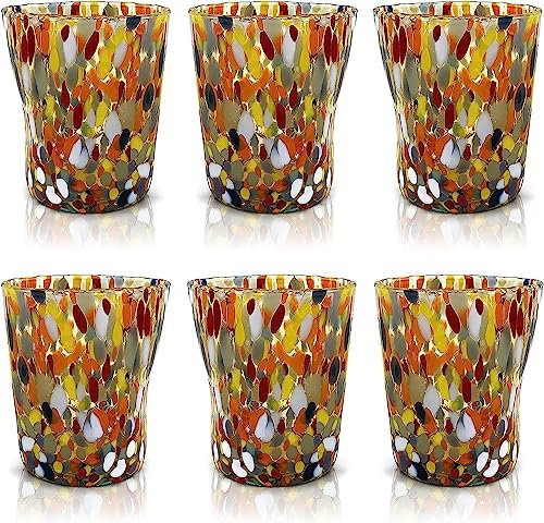 MAZZEGA ART & DESIGN - 6 vasos Goto Tumbler de vidrio soplados y hechos a mano con murrina Murano refinados y originales - Los colores de Murano - Modelo Tumbler 350 ml. Made in Italy