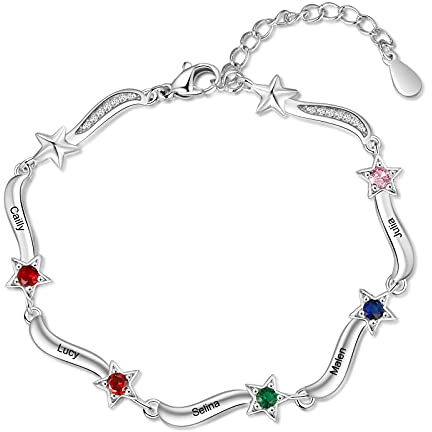 RolaOnly Damen Armband mit 2-7 Namen Gravur Geburtsstein 925 Sterling Silber Sterne Kristall Personalisiert Schmuck für Kinder Mädchen Frauen Mutter und Tochter mit Geschenkbox