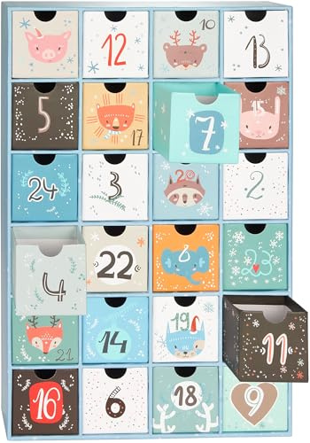 BRUBAKER Calendario dell'Avvento da Riempire - Natale Animale Blu - Conto alla Rovescia Natalizio Fai-da-Te Apribile con 24 Porticine per Buoni, Dolciumi e Altre Sorprese - in Cartone, Altezza 39 cm