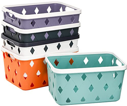 Lyellfe 5 Stück Plastik Aufbewahrungskorb, Kleiner Regalkorb zum Organisieren, 27cm x 18cm x 15cm Organizer-Korb mit Griffen für Schlafzimmer, Büro, Klassenzimmer, Schule