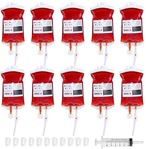 YongHang 10 pièces Sac de Sang Halloween avec Clips Autocollant de Type Sang et seringue Parfait pour Cosplay Vampire Zombie fête infirmière Accessoire de décoration de Costume