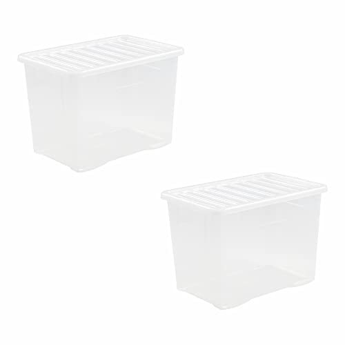CHPL 2x 80 Litre Large Crystal Clear Plastic Storage Box With Secure Clip on Lid Stackable Organizing Box Transparent Container For Bedroom, Garage, Office (80 Litre)