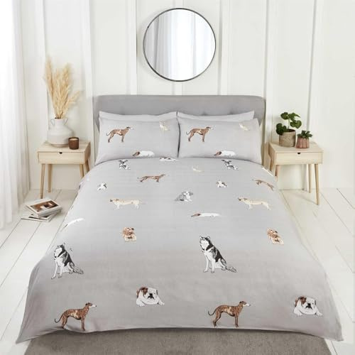 Rapport Home Paws & Tails Duvet Cover Set, Microfibre - Double Grey | Includes matching pillowcases. Dog and cat animal print. Soft, easy-care microfibre fabric.
