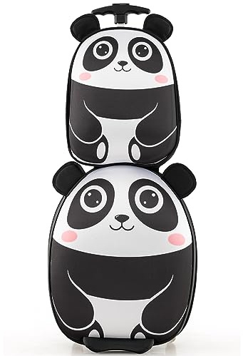 DREAMADE 2tlg. Kinderkoffer Set, Kinderkoffer mit Rucksack, Reisekoffer Jungen & Mädchen, Kindergepäck mit Rollen, Kindertrolley Handgepäck Kinder Flugzeug (Schwarz-Panda)