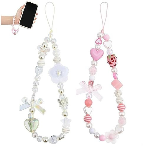AMOYER 2 Stück Handy-Anhänger mit Handgelenkschlaufe, niedliche Erdbeere/Blume, Perlen-Handykette, Handy-Lanyard, Tasche, Rucksack, hängender Anhänger