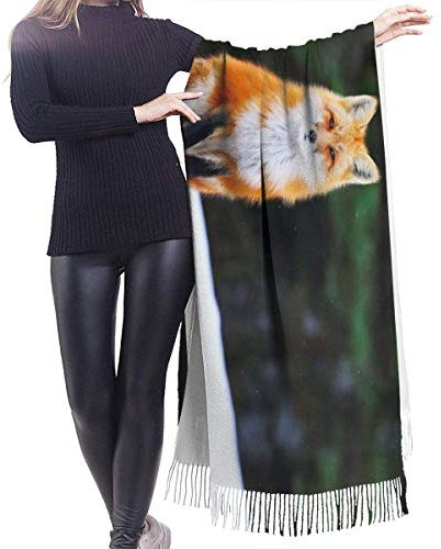 Niedlicher orangefarbener Fuchs-Damenschal mit Fransen, großer Schal mit weichem Kaschmirgefühl, leichte Stola, 196 x 68 cm