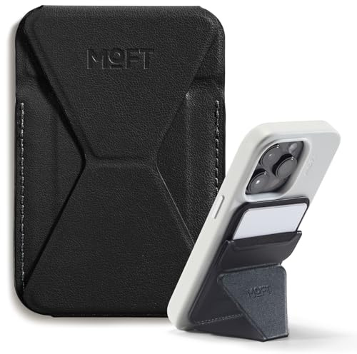 MOFT Magnetiskt plånboksstativ korthållare för iPhone 15/14/13/12 serie kompatibel med MagSafe, MOVAS magnetiskt mobilstativ av veganskt läder med 3 betraktningsvinklar, 2 kort, svart