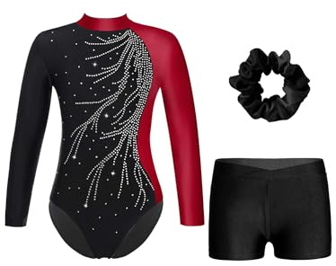 Alvivi Mädchen Turnanzug Glitzer Gymnastikanzug mit Kurze Hose Haarband Langarm Gymnastikbody Turntrikot Gymnastik Kleidung Tanzkostüm