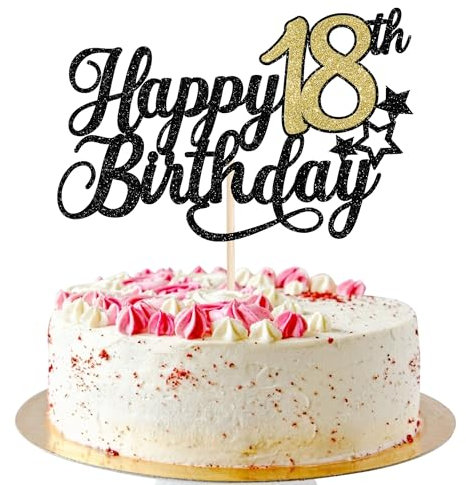 SYKYCTCY 1 Pack Happy 18th Birthday Cake Topper Glitter Little Star Cheers to 18 Cake Pick Sweet 18 Cake Decorations for 18th Birthday Anniversary Theme Party Supplies Black Gold