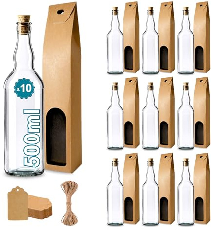 10 botellas de cristal de 500 ml con tapón de corcho + 10 cajas + 10 etiquetas Kraft + cuerda – bebidas espirituosas: ron, whiskey, ginebra, tequila, licores – recuerdos, cócteles