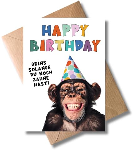 WBdesignz lustige Tier Geburtstagskarte mit Umschlag - Witziger Affe - Grins solange du noch Zähne hast - Humorvolle Karte zum Geburtstag - Spaßkarte für Männer Frauen Oma Opa (DIN A6)