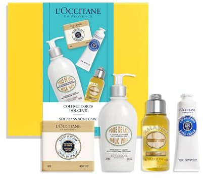 L'OCCITANE - Estuche corporal Suavidad - Jabón Leche de karité, Velo de leche corporal Almendra, Aceite de ducha Almendra y Crema de manos Karité - Fabricado en Francia