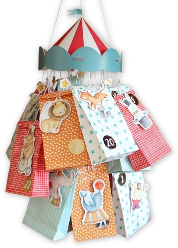 Papierdrachen Adventskalender 2025 Zirkus Mobile hängend - Papiertüten - Weihnachtsdeko - DIY - nachhaltig - für Kinder und Bastelfans