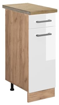 Vicco Küchenunterschrank R-Line, Weiß Hochglanz/Goldkraft Eiche, 30 cm, AP Eiche